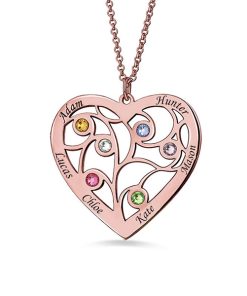 Collar de árbol genealógico con piedras natales en baño de oro rosa