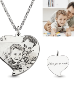 Collana con foto di cuori incisi personalizzati Papà e figlio Argento