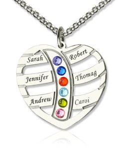 Collana Mom & #039; s con 6 nomi per bambini e pietra di nascita in argento sterling
