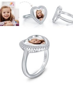 Adorable anillo de fotos de corazón personalizado de plata esterlina