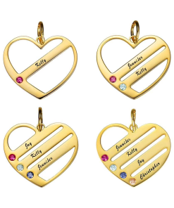 Collar de corazón de piedra de nacimiento con nombres grabados - Chapado en oro