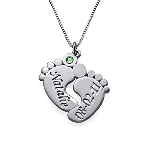 Collier de pieds de bébé gravé avec pierre de naissance personnalisée