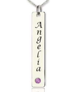 Étiquette de nom de collier de barre verticale argent avec pierre de naissance