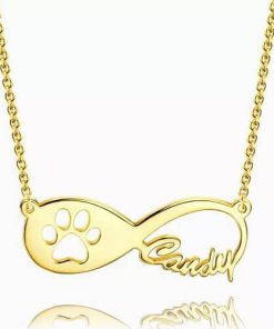Collar con nombre infinito con estampado de pata de perro, chapado en oro de 14 k