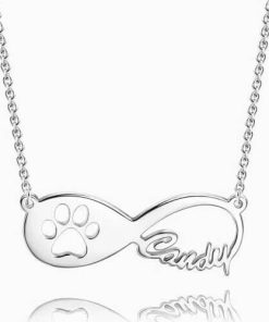 Collar con nombre infinito con estampado de pata de perro plateado