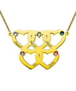 Collier gravé cinq coeurs avec pierres de naissance en or