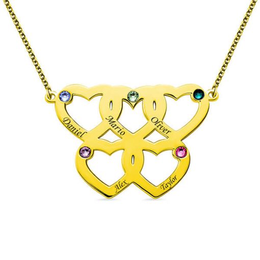 Collar de cinco corazones grabados con piedras natales en oro