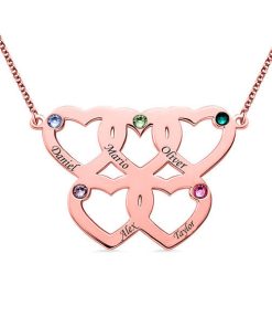 Collier Cinq Coeurs Gravé Avec Pierres De Naissance En Or Rose
