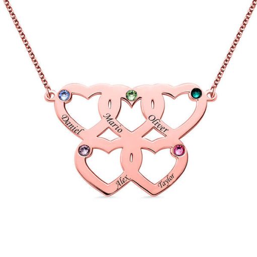 Collier Cinq Coeurs Gravé Avec Pierres De Naissance En Or Rose