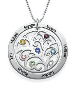 Collar de piedra natal de árbol genealógico en plata de ley