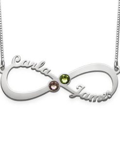 Collar con 2 nombres y piedras natales Infinity Love, plata de ley