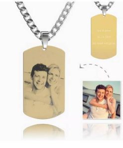 Collier d'étiquette gravé avec photo pour homme avec gravure en acier inoxydable plaqué or 18 carats