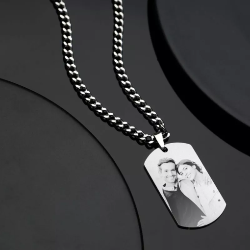 Collier d'étiquette gravé avec photo pour homme avec gravure en acier inoxydable