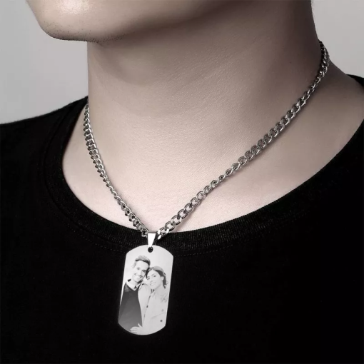 Collier d'étiquette gravé avec photo pour homme avec gravure en acier inoxydable