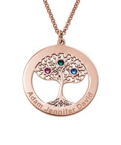 Collar de árbol de la vida con círculo de enchapado en oro rosa con piedras natales