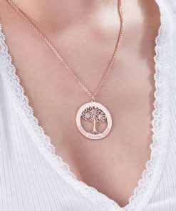 Collar de árbol de la vida con círculo de enchapado en oro rosa con piedras natales