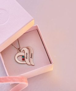 Collier Deux Cœurs pour Toujours avec Pierres de Naissance - Plaqué Or Rose