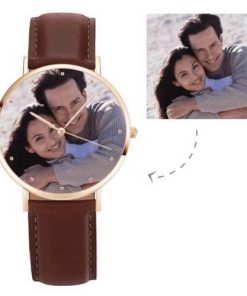 Montre photo unisexe rose doré avec bracelet en cuir marron