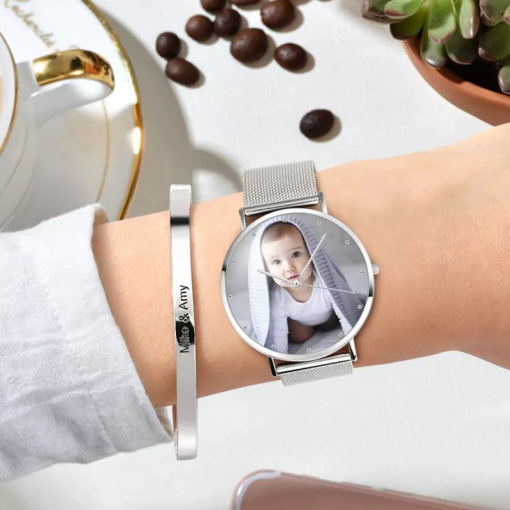 Montre photo avec bracelet en alliage pour femme