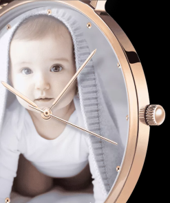 Montre photo unisexe rose doré avec bracelet en cuir noir