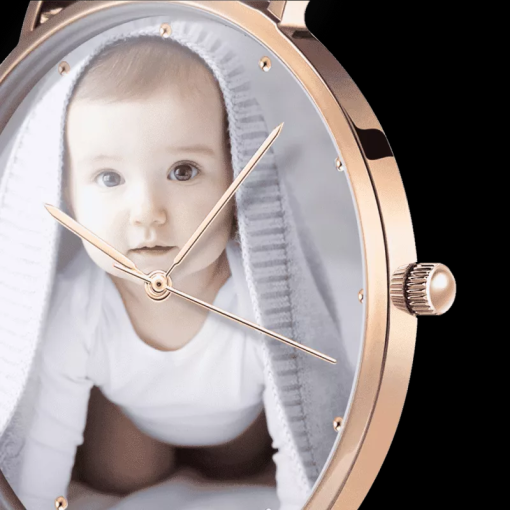 Montre photo unisexe rose doré avec bracelet en cuir noir