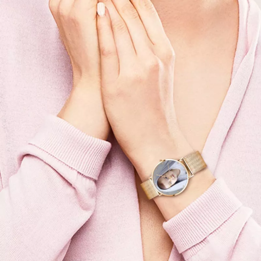 Montre photo avec bracelet en alliage d'or rose pour femme