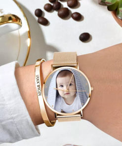 Montre photo avec bracelet en alliage d'or rose pour femme