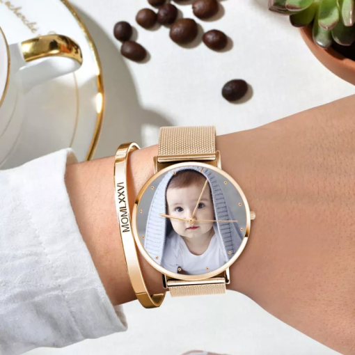 Montre photo avec bracelet en alliage d'or rose pour femme