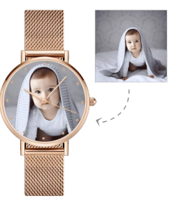 Montre photo avec bracelet en alliage d'or rose pour femme