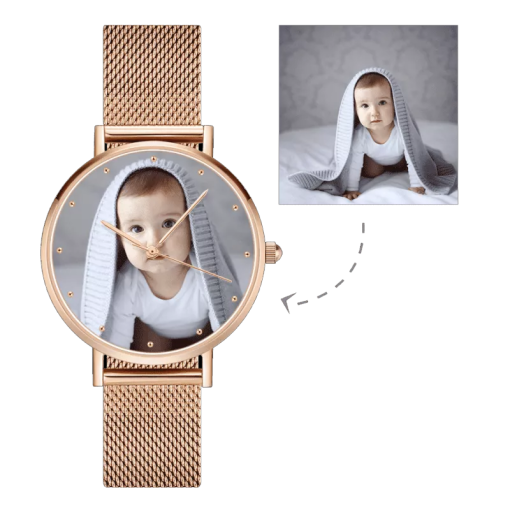 Montre photo avec bracelet en alliage d'or rose pour femme