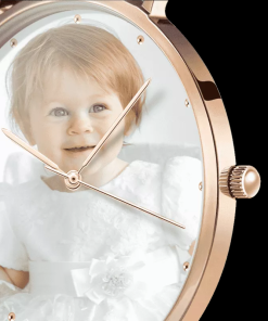 Orologio da donna in oro rosa con foto cinturino in pelle nera