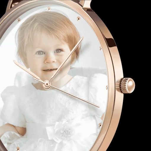 Orologio da donna in oro rosa con foto cinturino in pelle nera