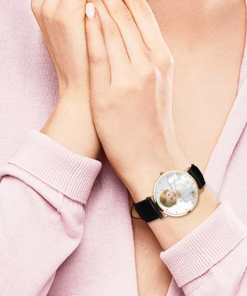 Montre photo unisexe rose doré avec bracelet en cuir noir