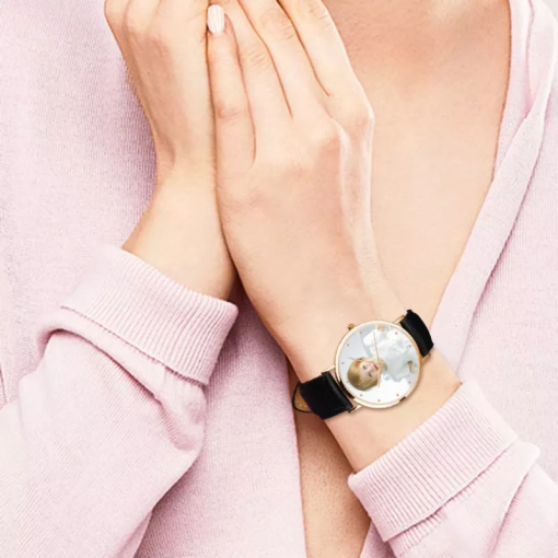 Montre photo unisexe rose doré avec bracelet en cuir noir