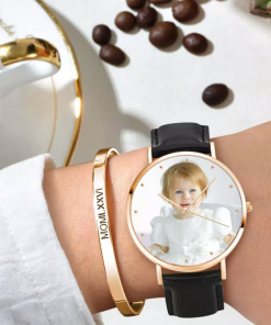 Montre photo unisexe rose doré avec bracelet en cuir noir