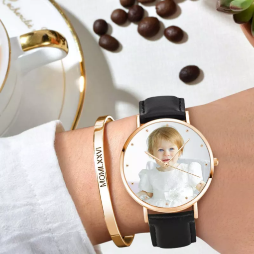 Montre photo unisexe rose doré avec bracelet en cuir noir