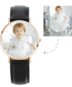 Montre photo en or rose pour femme, bracelet en cuir noir
