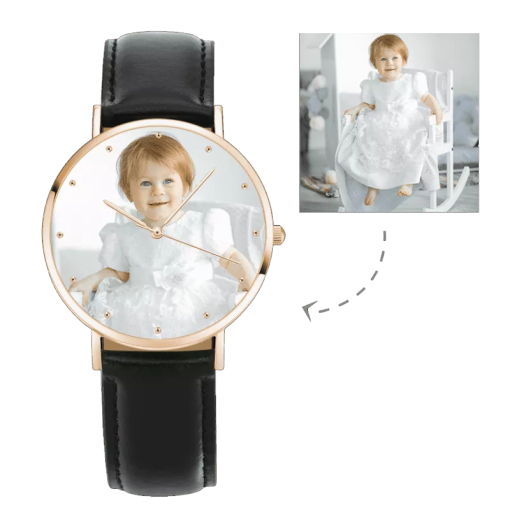 Orologio da donna in oro rosa con foto cinturino in pelle nera