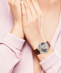Orologio da donna in oro rosa con foto cinturino in pelle marrone
