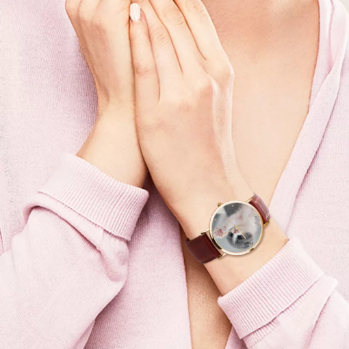 Orologio da donna in oro rosa con foto cinturino in pelle marrone