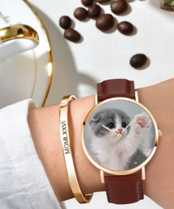 Orologio da donna in oro rosa con foto cinturino in pelle marrone