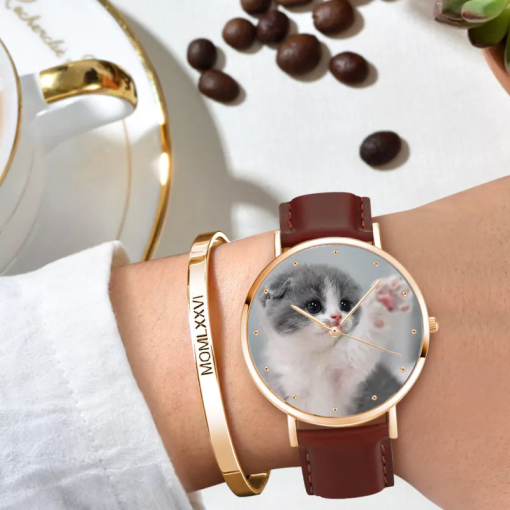 Orologio da donna in oro rosa con foto cinturino in pelle marrone