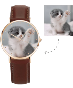 Montre photo en or rose pour femme, bracelet en cuir marron