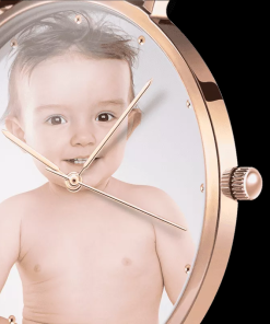 Montre photo en or rose pour femme Bracelet en cuir rose
