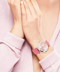 Montre photo en or rose pour femme Bracelet en cuir rose