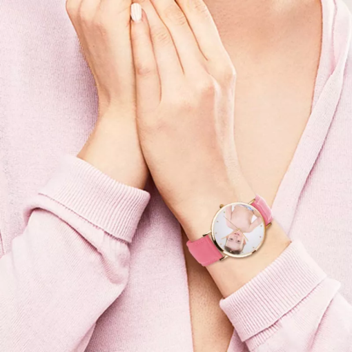 Montre photo en or rose pour femme Bracelet en cuir rose