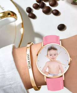 Montre photo en or rose pour femme Bracelet en cuir rose