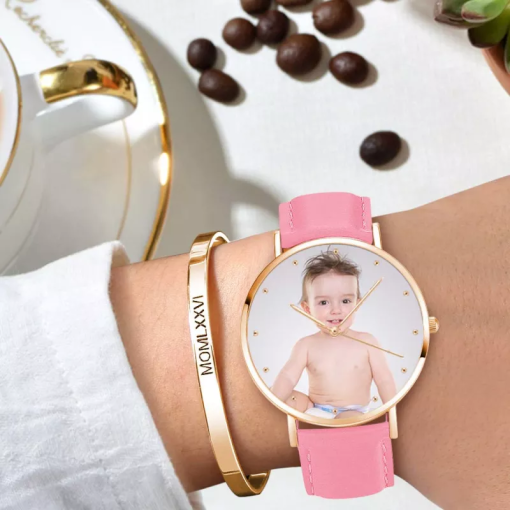 Montre photo en or rose pour femme Bracelet en cuir rose