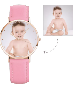 Montre photo en or rose pour femme Bracelet en cuir rose