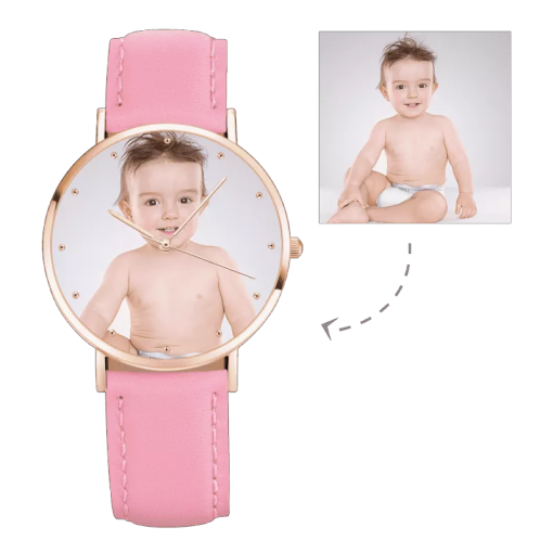 Montre photo en or rose pour femme Bracelet en cuir rose